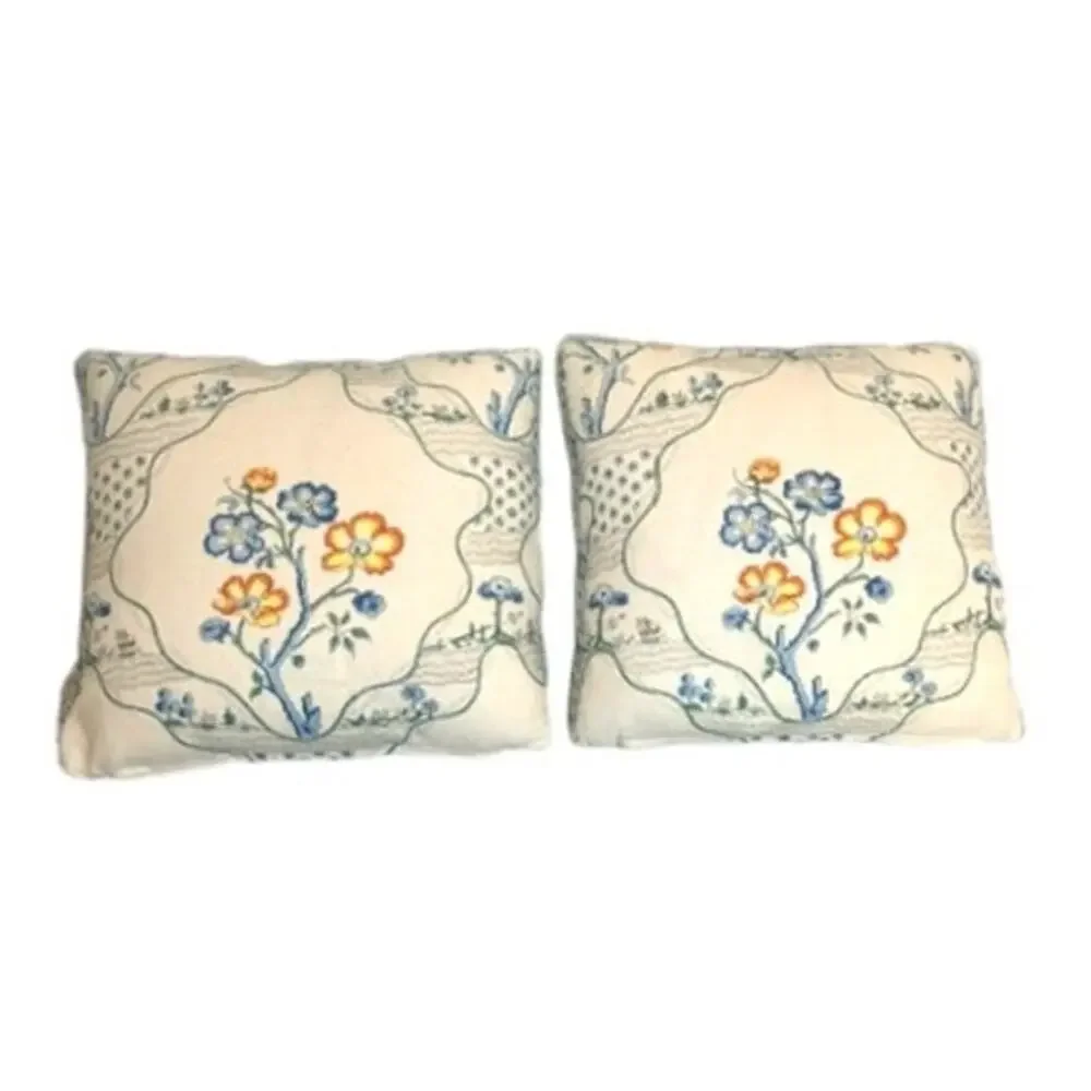 Pair of Custom Schumacher Marella Delft Embroidered Pillows 15x15 Down Inserts